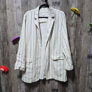 J. Jill Blazer Cotton Linen Size L Ivory Blue Stripes Roll Tab Sleeve Jacket Car